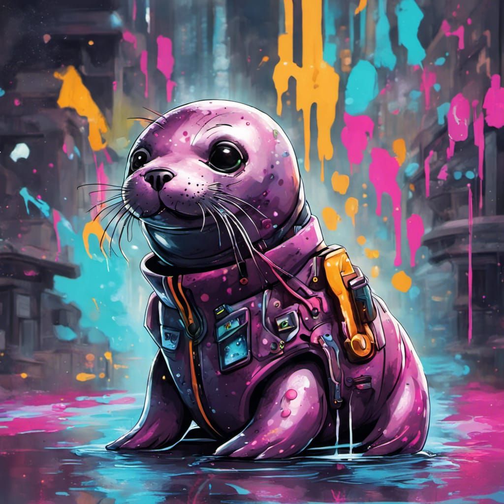 Cyberpunk Spotted Seal Graffiti Art