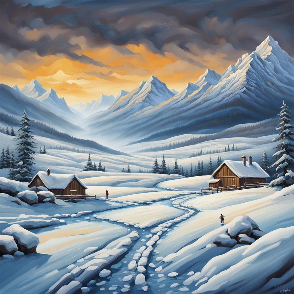 Figure on Snowy Background with Mountains