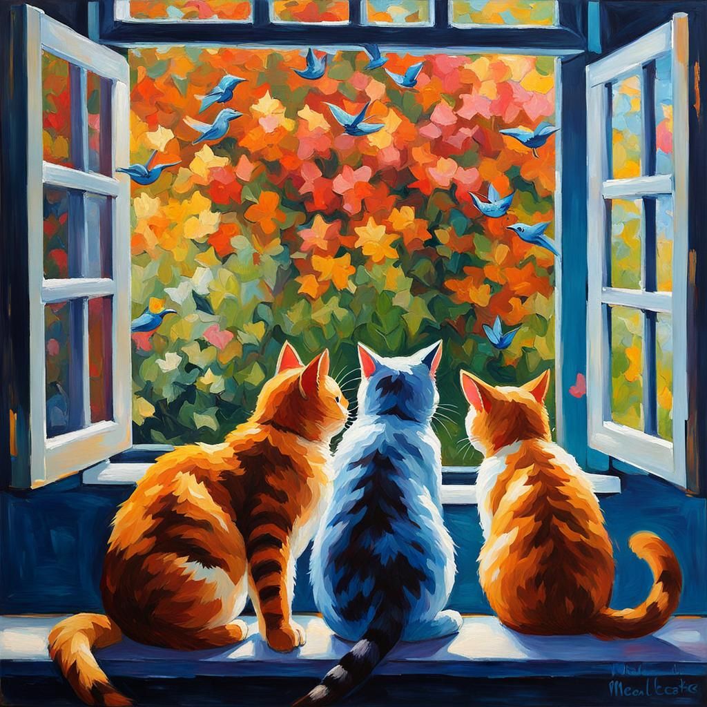 Cats Watching Birds: Neo-Impressionist Oil Painting