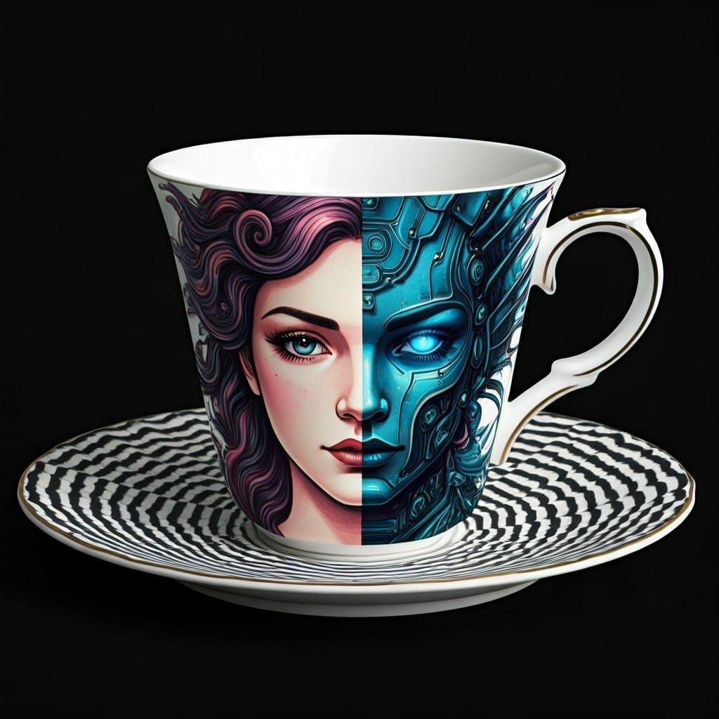 Op Art Teacup Reveals Cyberpunk Mermaid