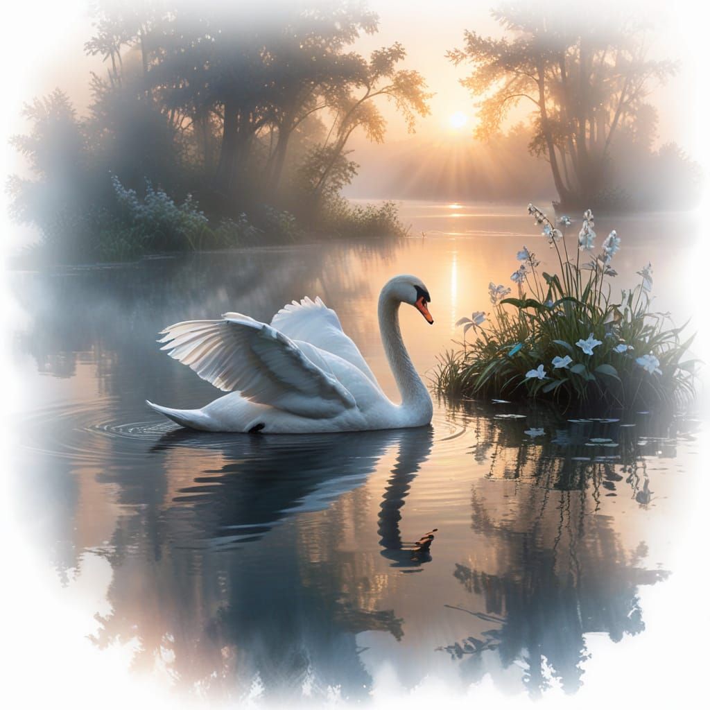 Serenely Gliding Swan in Dawn's Soft Light