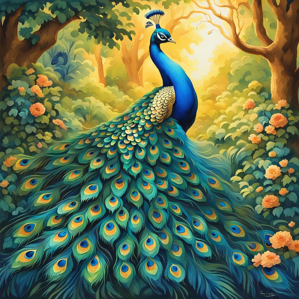 Vibrant Cartoon Peacock in Whimsical Garden