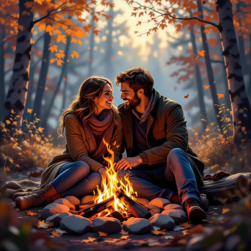 Autumn Bonfire Cuddle: An Impressionistic Oil Painting