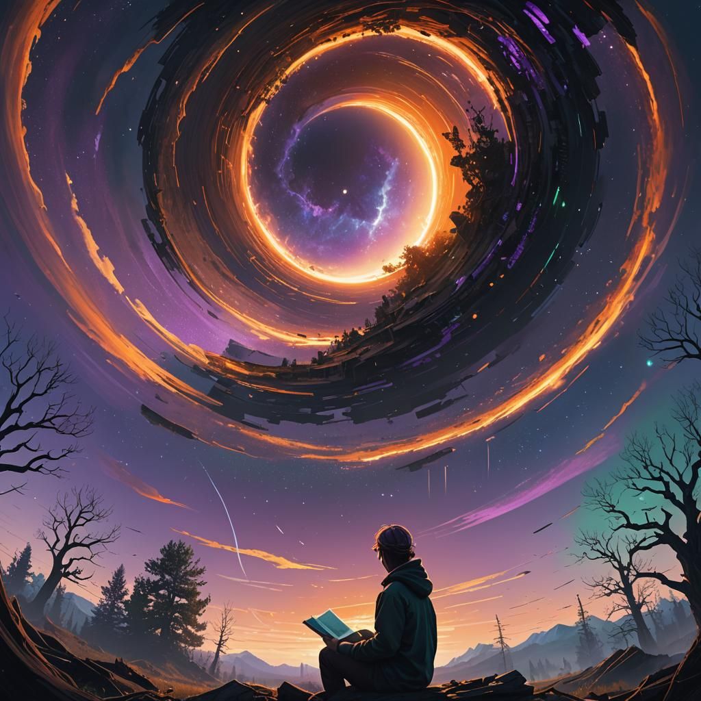 Person Reading Under Black Hole: Digital Matte Painting