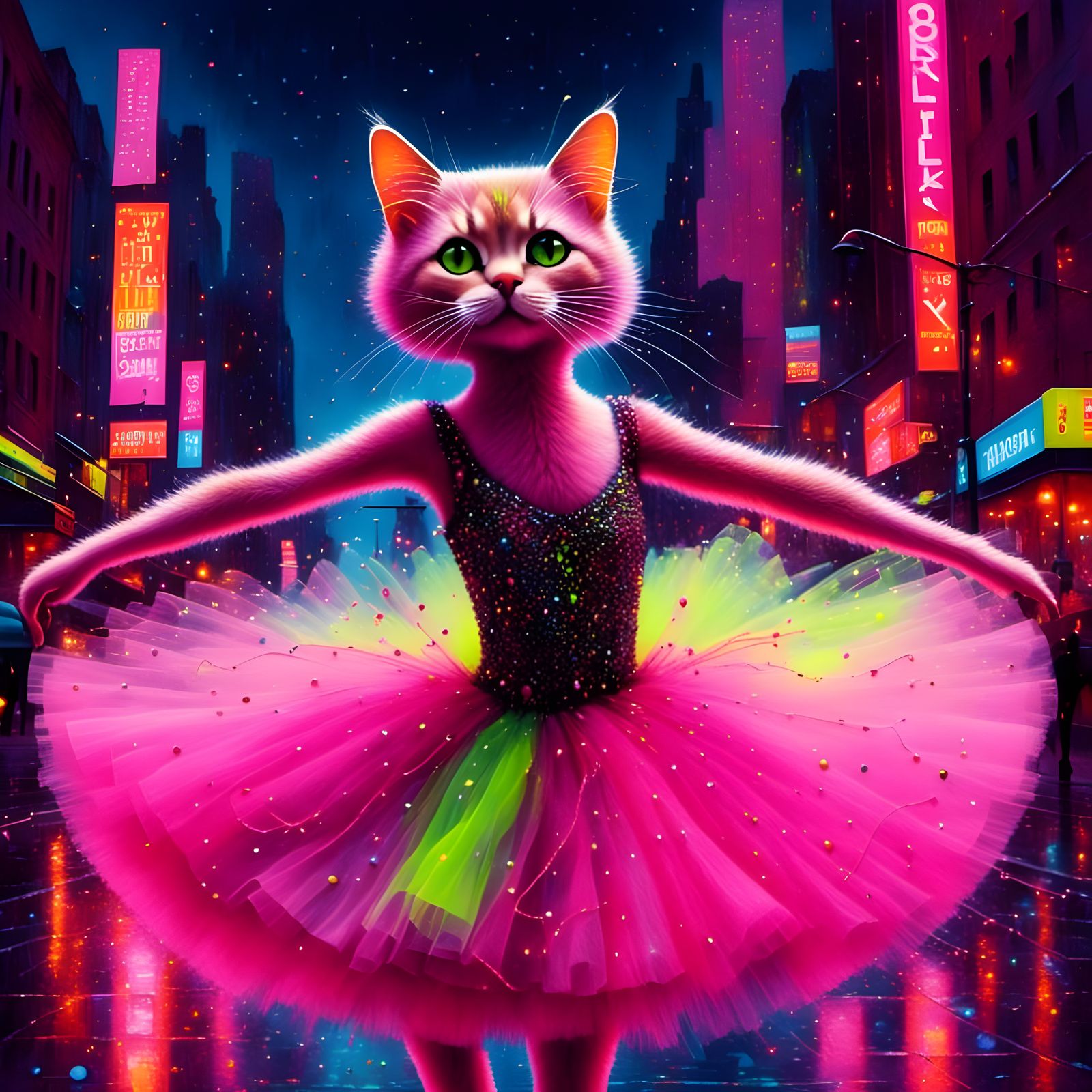 Cute Cat Ballerina Dances in Neon City