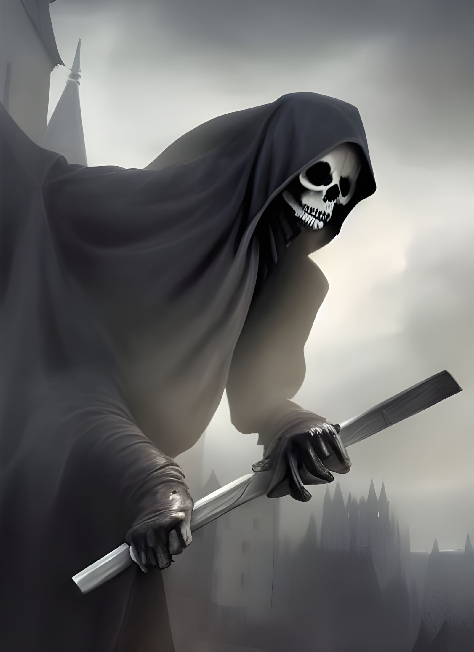 The Grim Reaper in Medieval City, Hyper-Detailed Illustratio...