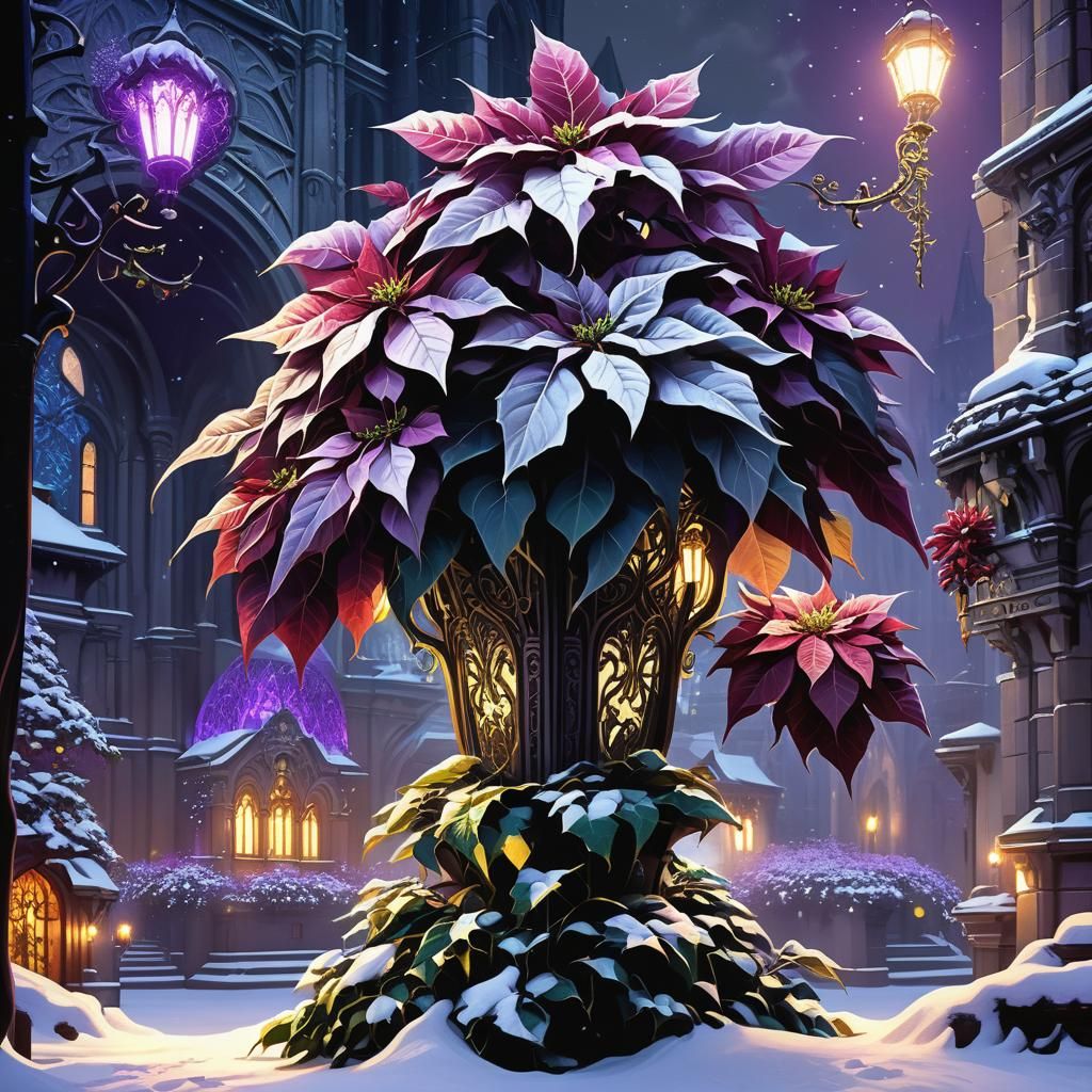 Gothic Christmas Poinsettia Cityscape with Ethereal Glow