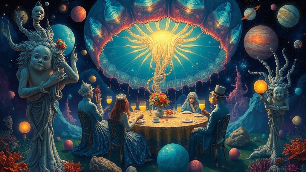 Celestial Tea Party in Bioluminescent Jellyfish: Surreal Art