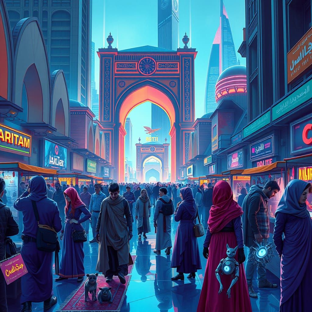 Futuristic Tehran Marketplace with Holographic Carpets