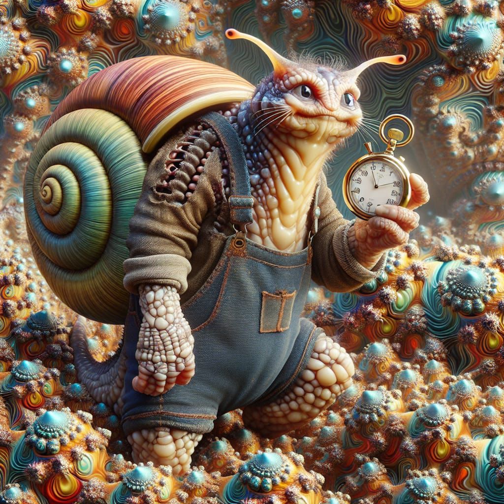 Whimsical Cat-Snail Hybrid Stares Down Time Amidst Fractal B...