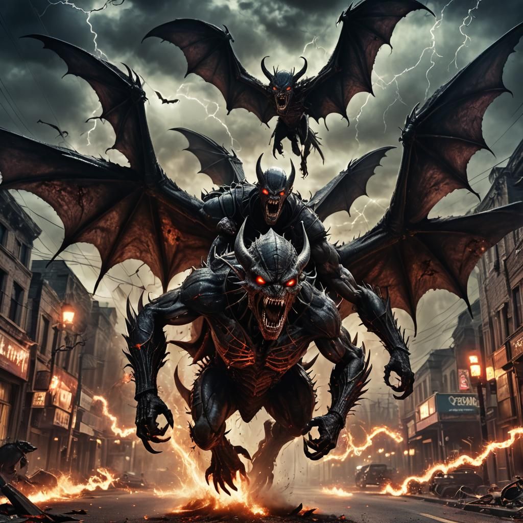 Winged Alien Vampire Twins on Demonic Beasts: Hyperrealistic...