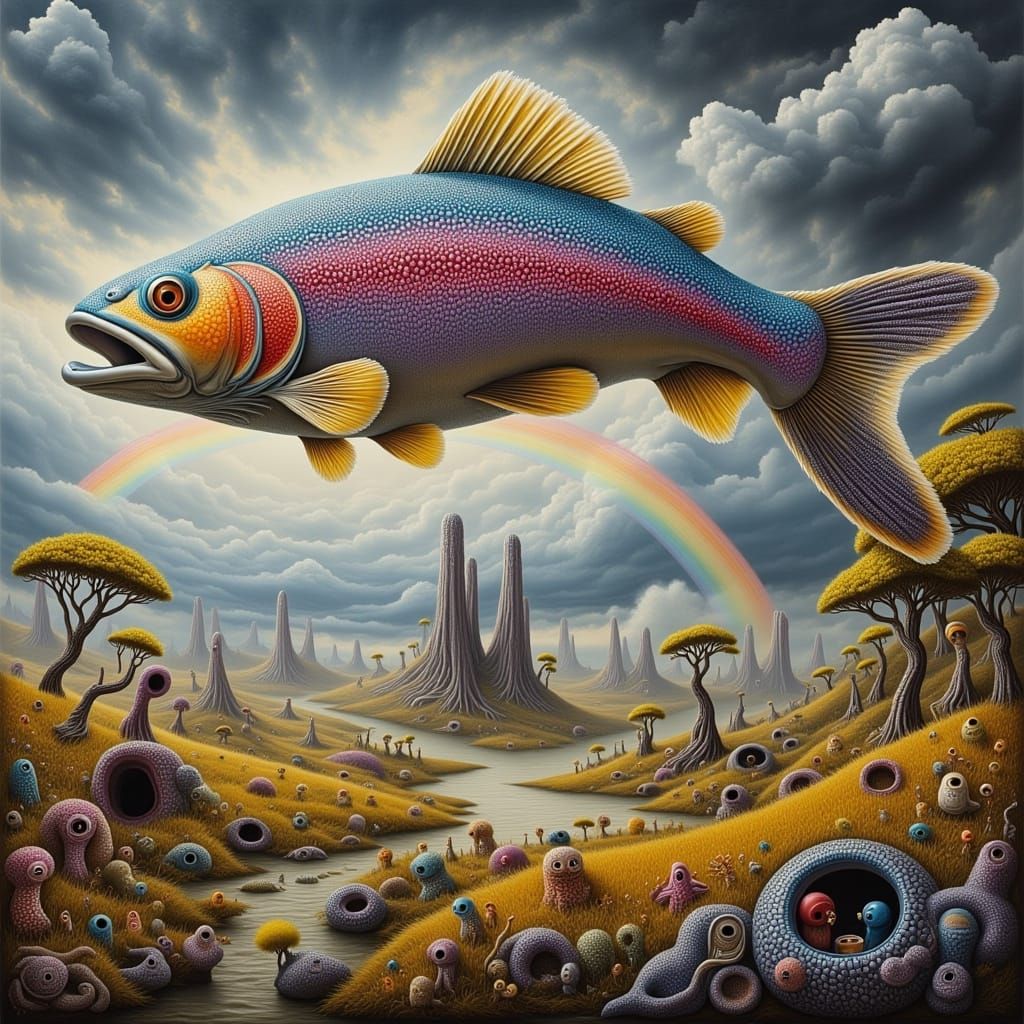 Surreal Trout God Ascends in Vibrant Rainbow Glory