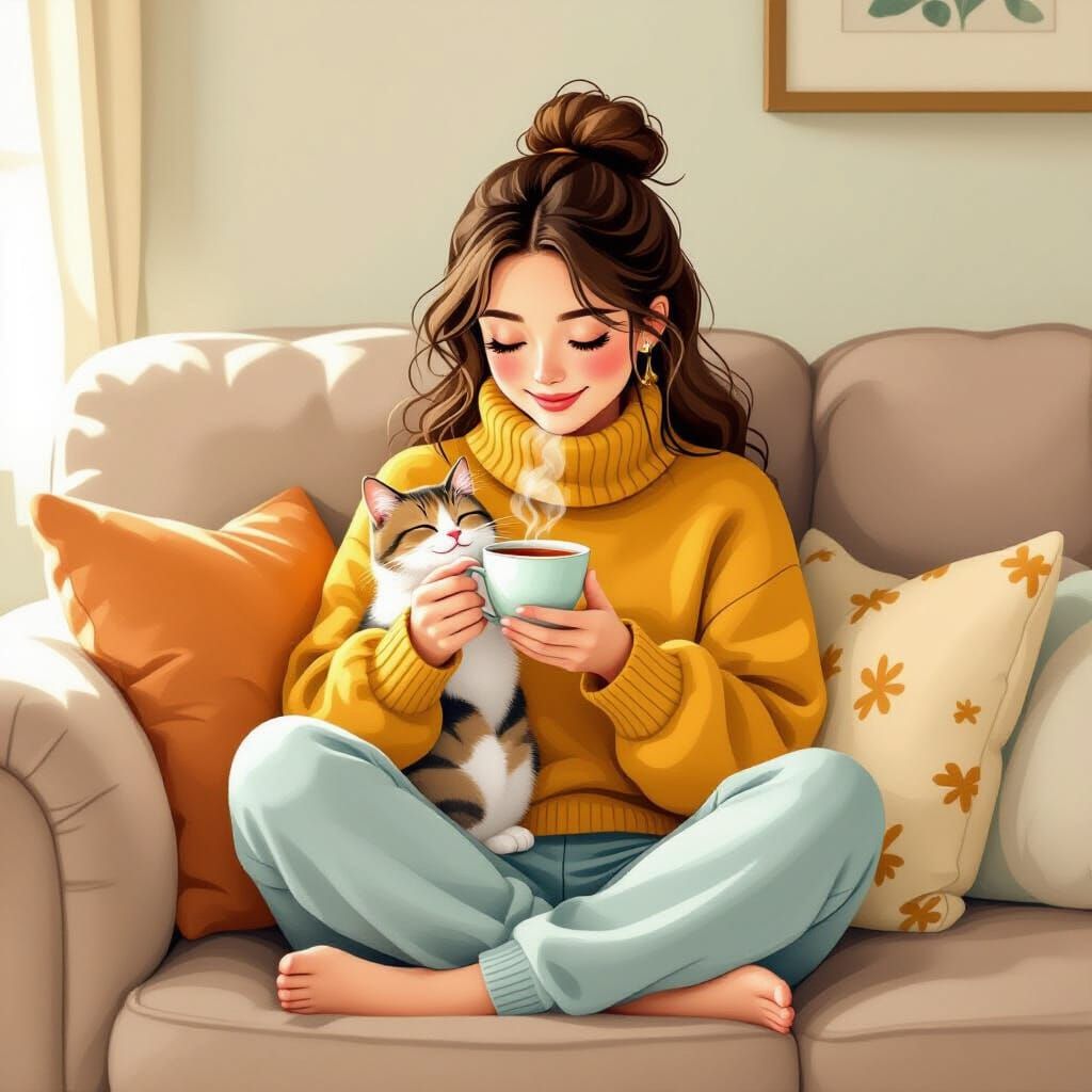Cozy Moment: Woman, Cat, and Tea in Potter Style
