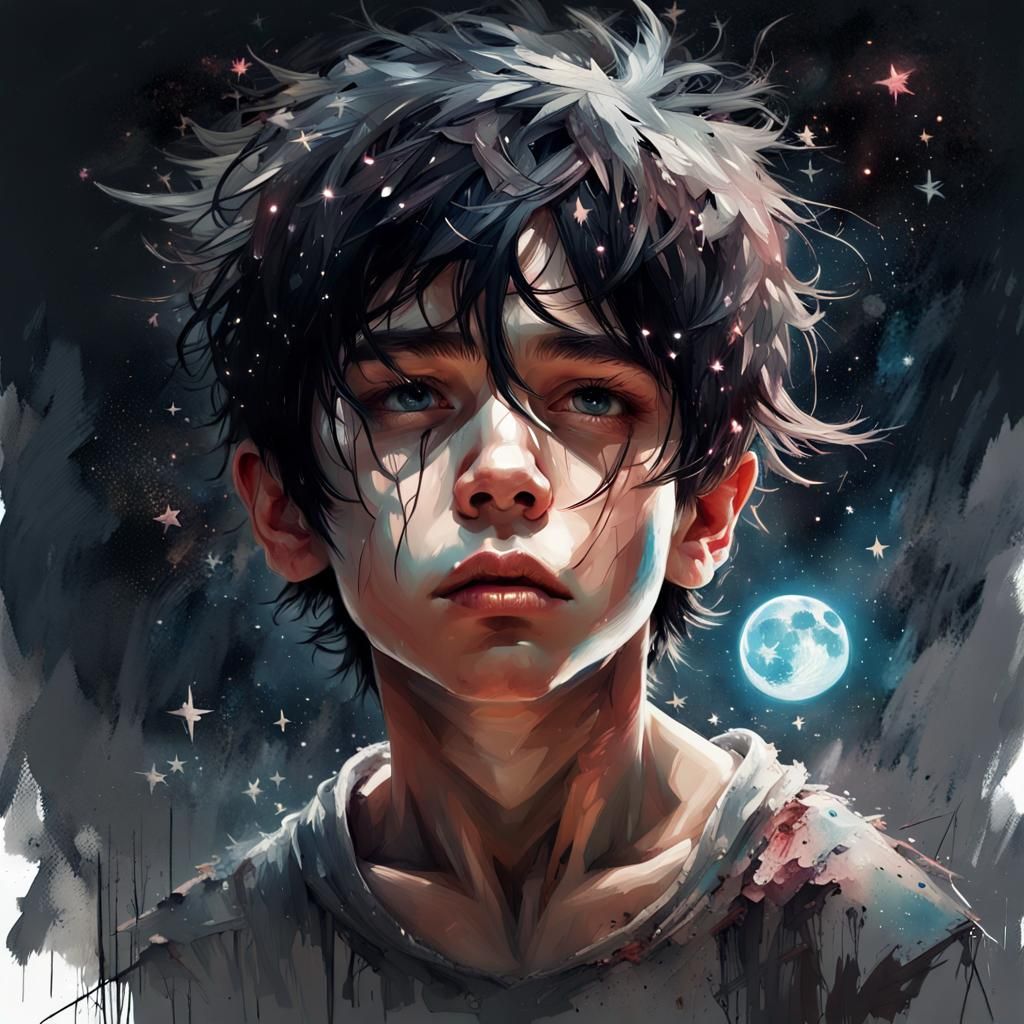 Boy Gazing at Moonlit Sky: Fantasy Concept Art