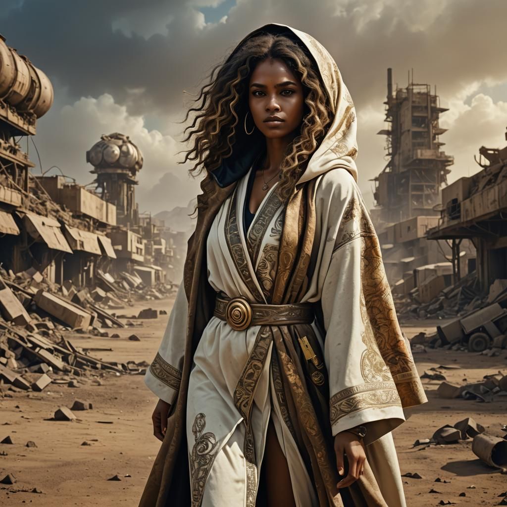 Afro-Indian Woman in Wasteland, Detailed Matte Painting