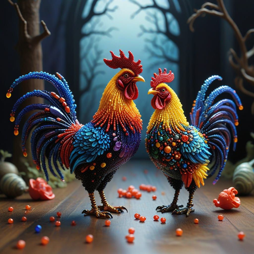 Whimsical Rooster and Hen Made of Glossy Seed Beads