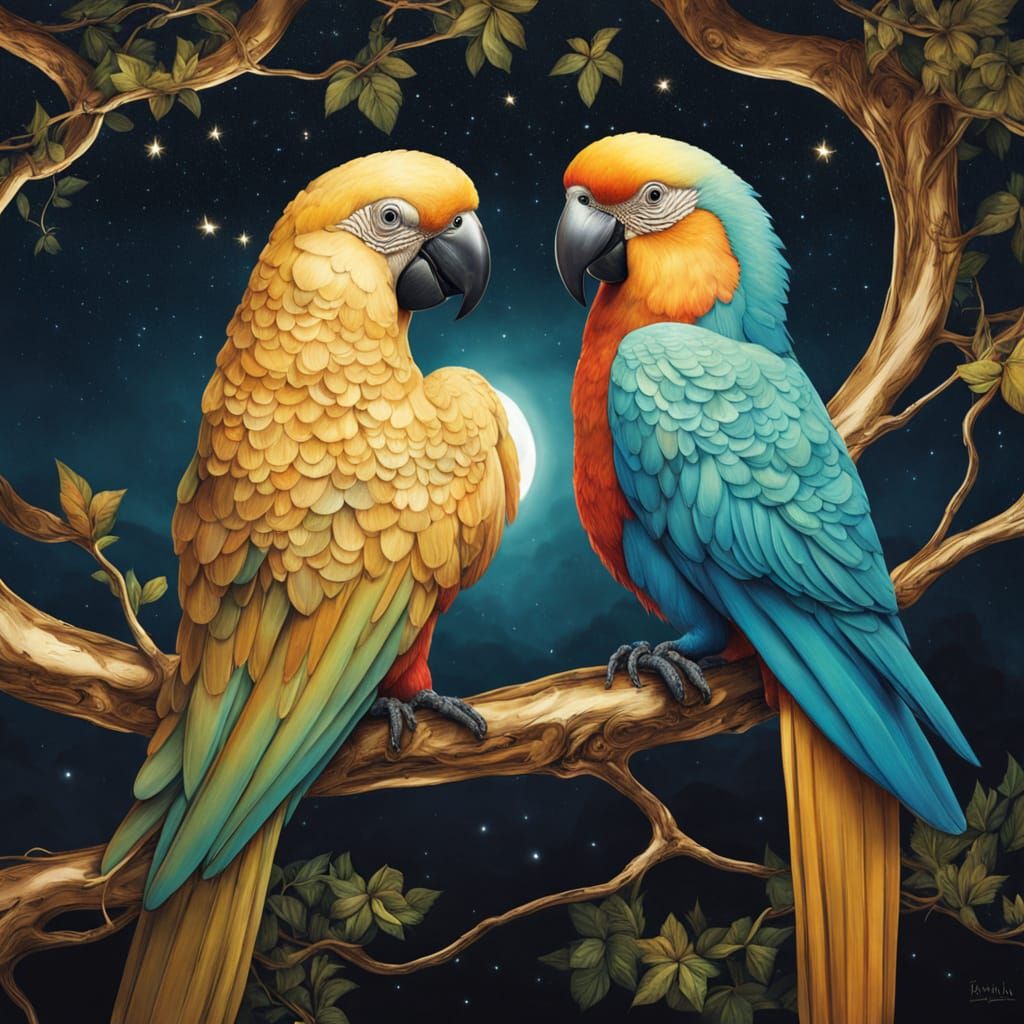 Fantastical Parrots in Fairyland Digital Painting