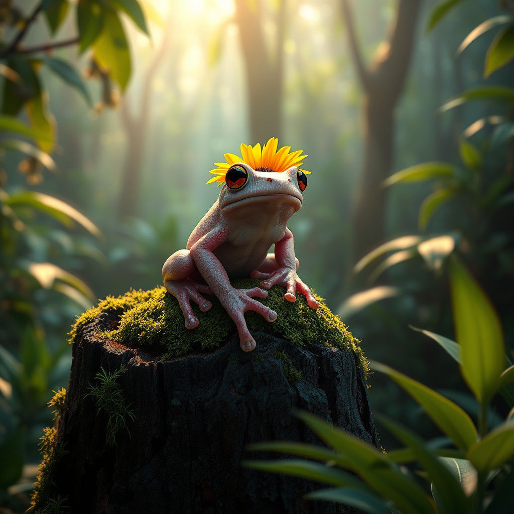 Pink Frog with Sunflower Hat, Detailed Matte Painting