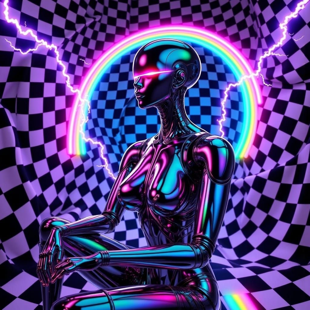 Futuristic Robot with Neon Highlights and Rainbow Aura