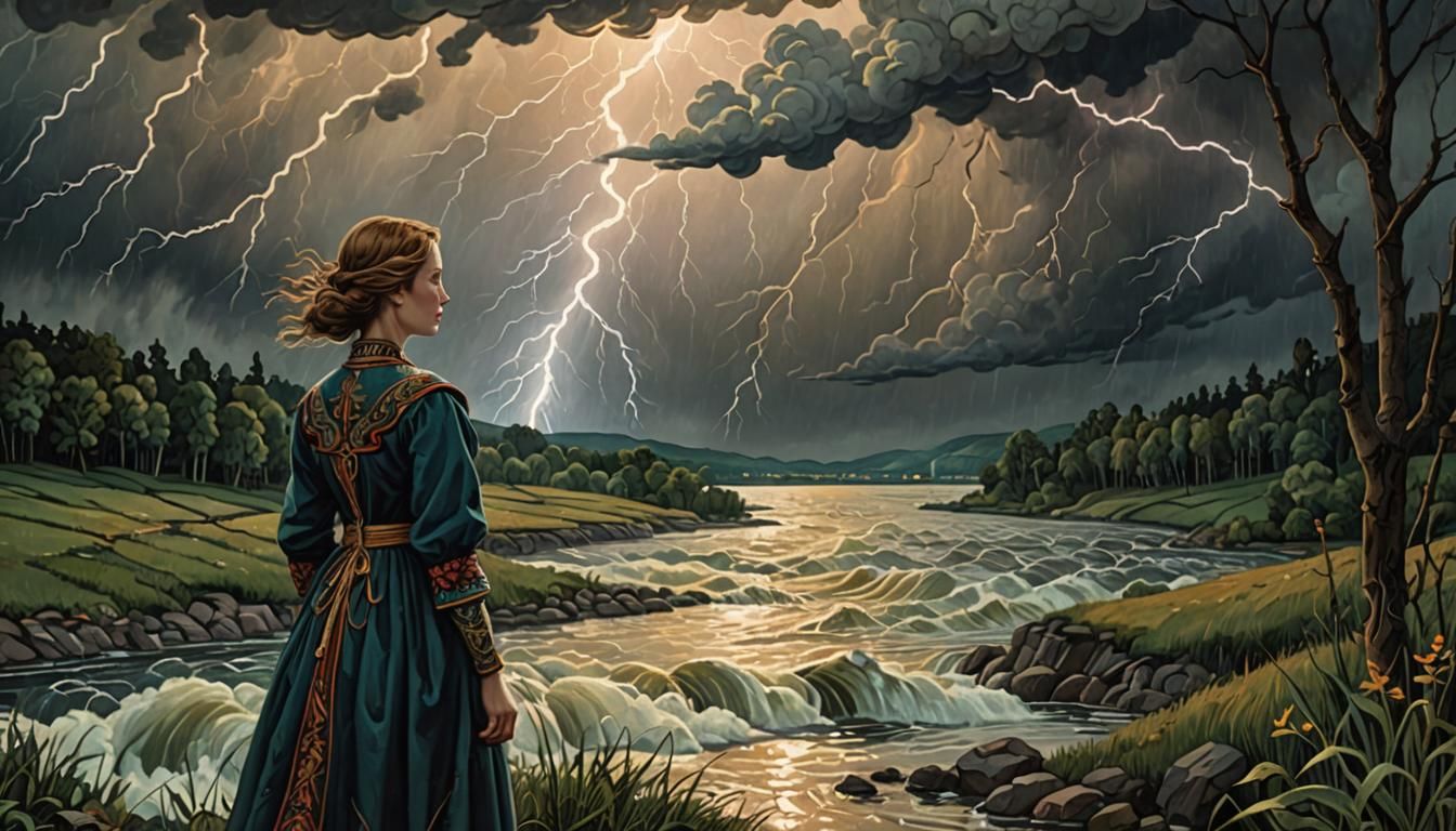 Mythological Woman in River Landscape, Folk Art Style