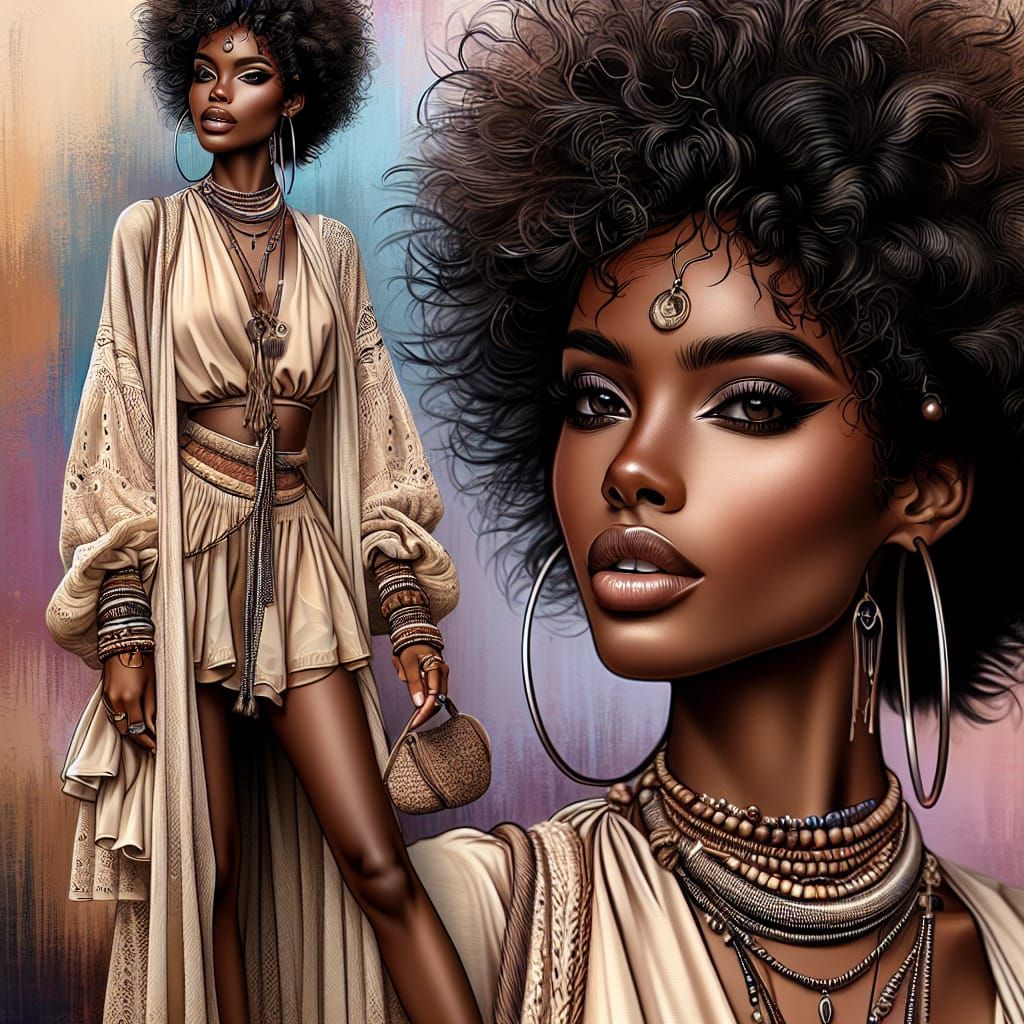 Boho Afrohemian Woman in Digital Airbrush Portrait