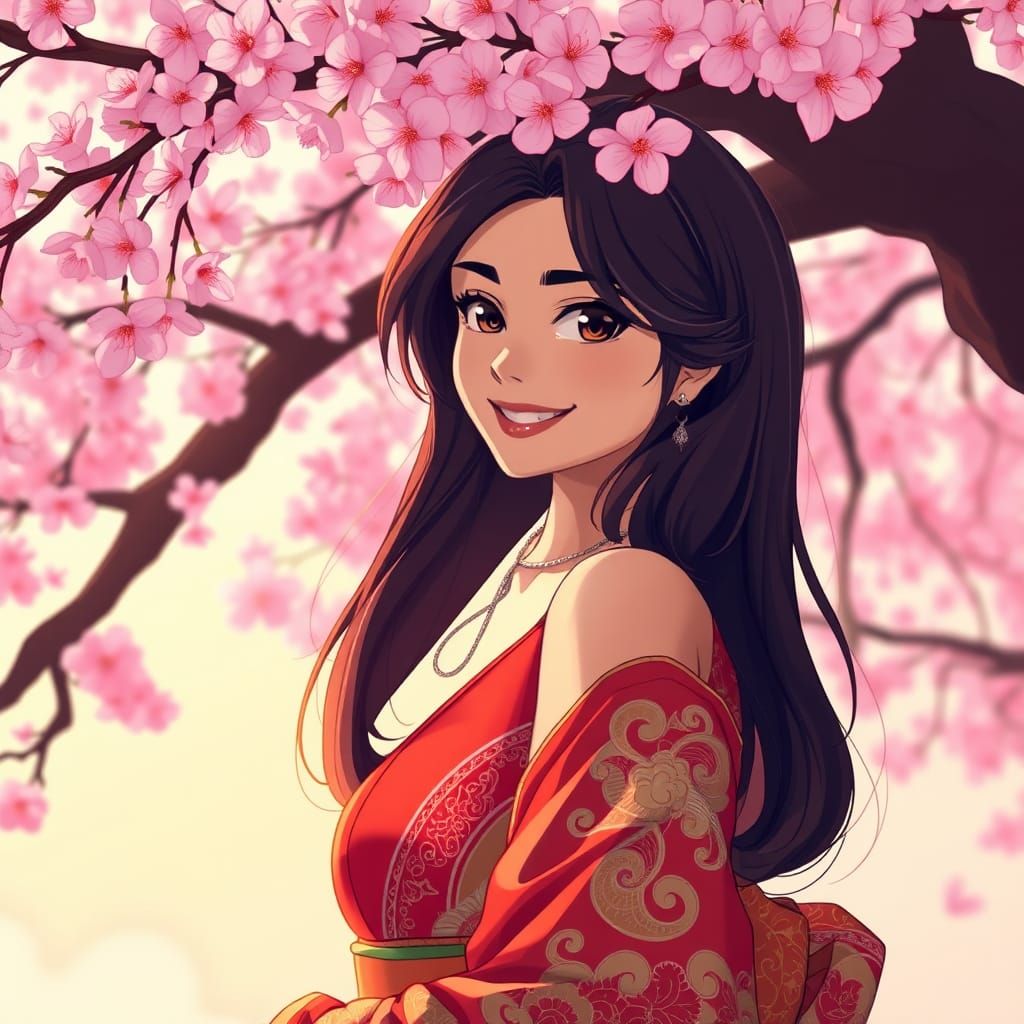 Kimono Woman Under Cherry Blossom Tree, Anime Style