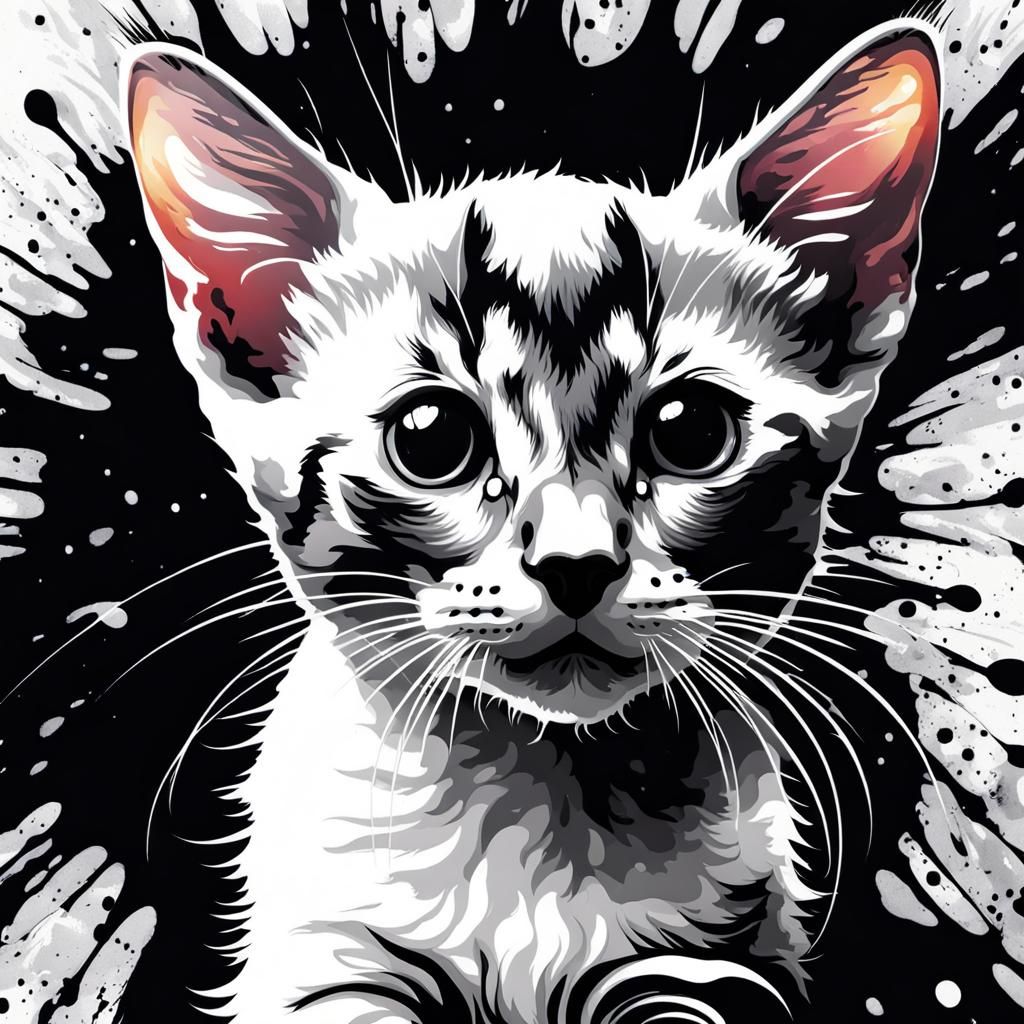 Swirling Oriental Kitten in Black and White Splash Art