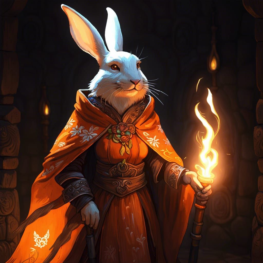 Heroic Rabbitfolk Monk in Dark Fantasy Dungeon