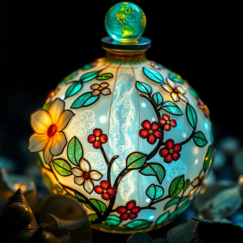 Surreal Tiffany Glass Waterfall with Medicinal Herbs and Ear...