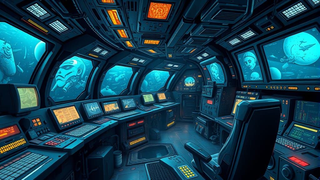 Underwater Submarine Command Center in Comic Book Style
