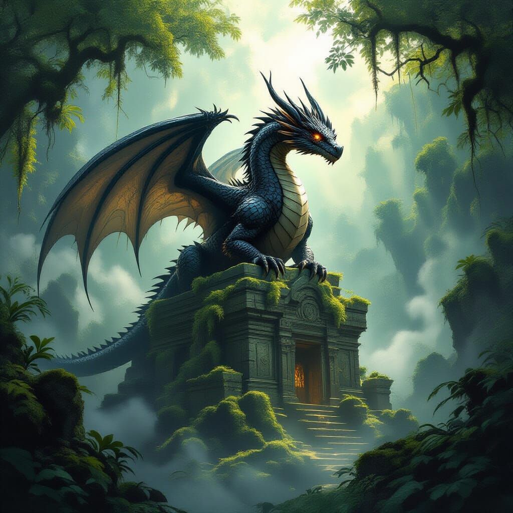 Majestic Obsidian Dragon on Ancient Jungle Temple Ruin
