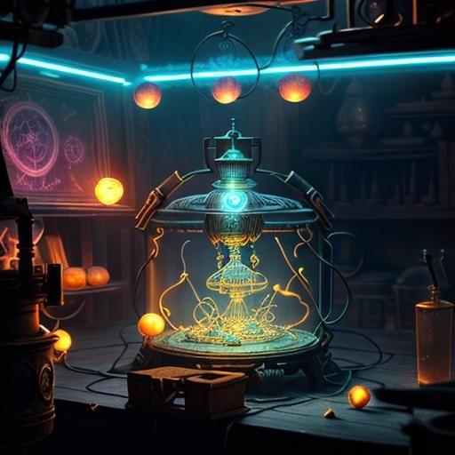 Concept art. Medium shot. A replicator, a magical machine, c...