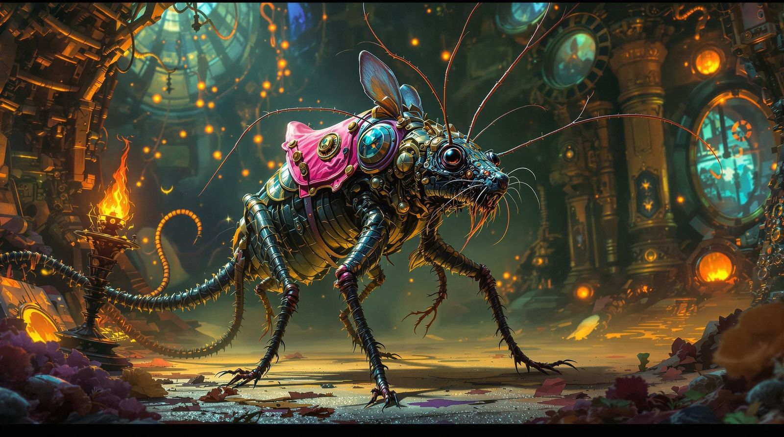 Steampunk Hybrid Creature in Vibrant, Psychedelic Environmen...