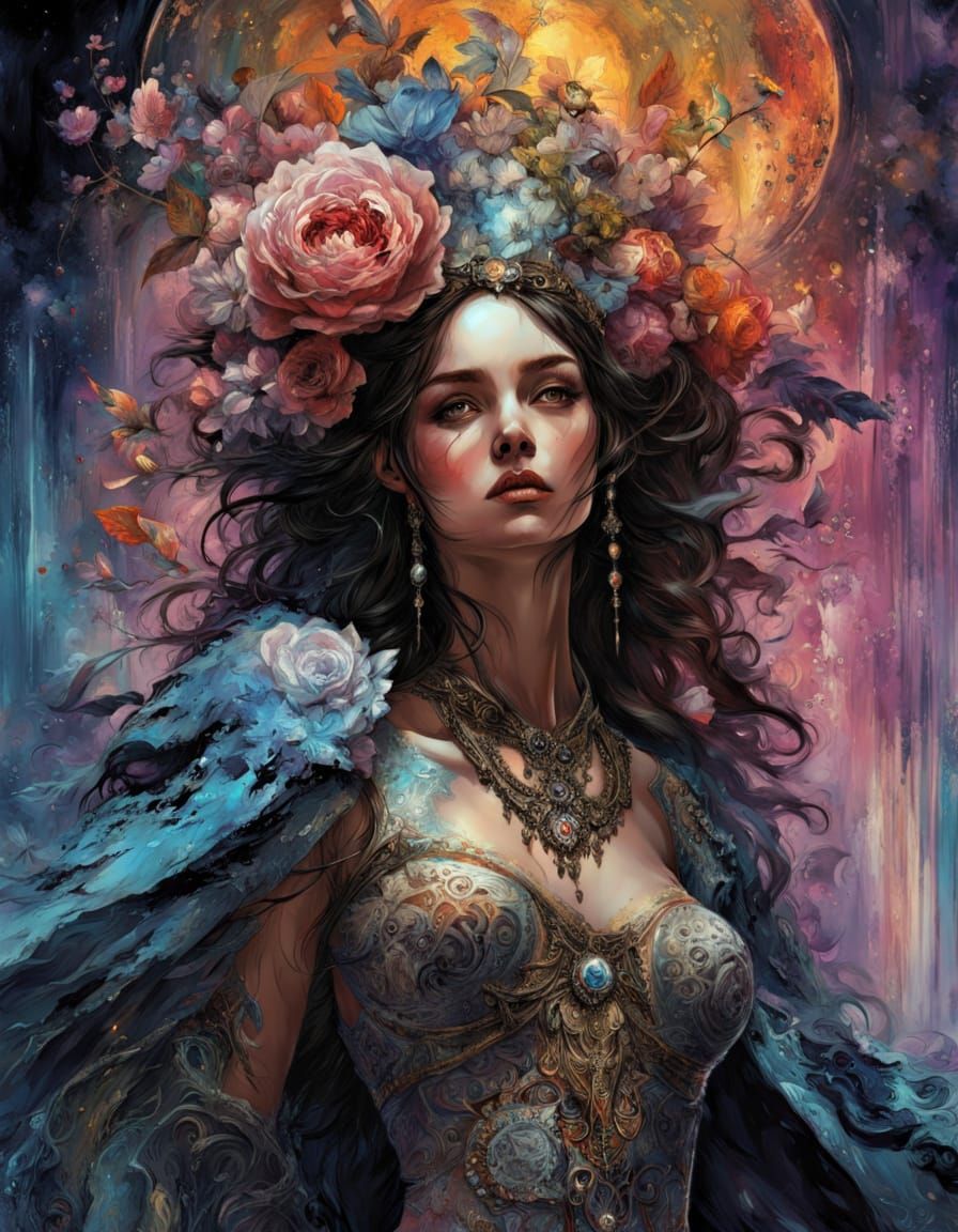 Gothic Girl Encounters Pastels in Surreal Portrait