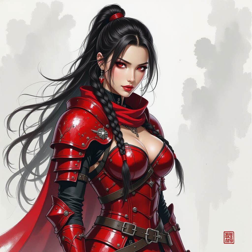 D&D Female Warrior in Blood-Red Armor