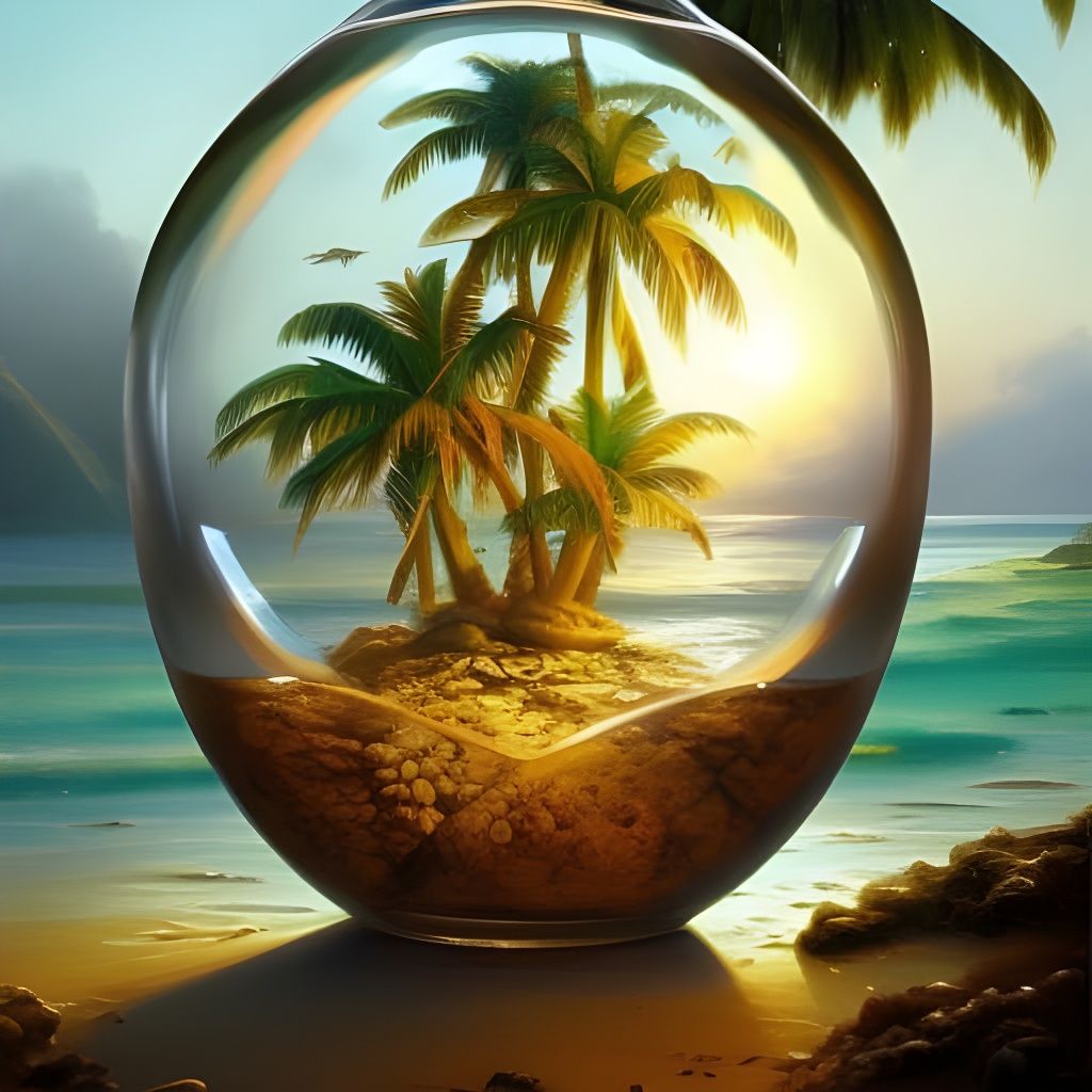 Tropical Island in a Jar: Hyperrealistic Oil Painting
