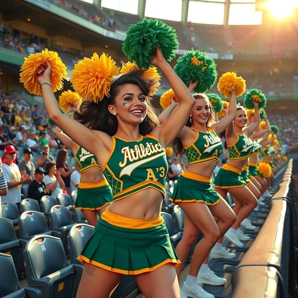 Oakland Athletics cheerleaders entertaining baseball crowd i...