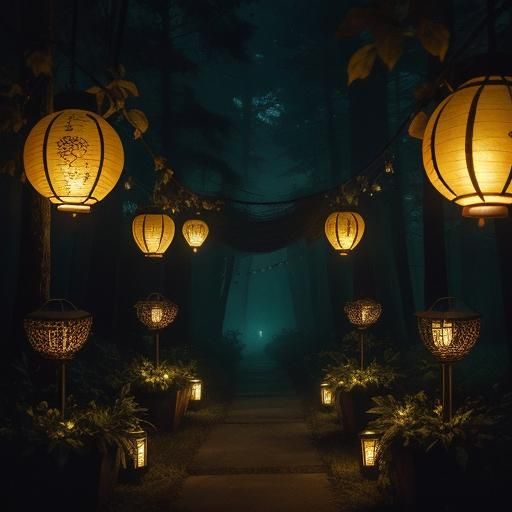 Atmospheric Forest Gathering with Glowing Lanterns