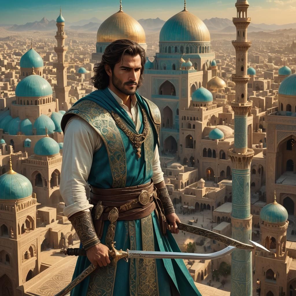 Handsome Man with Scimitar in Middle Eastern Cityscape