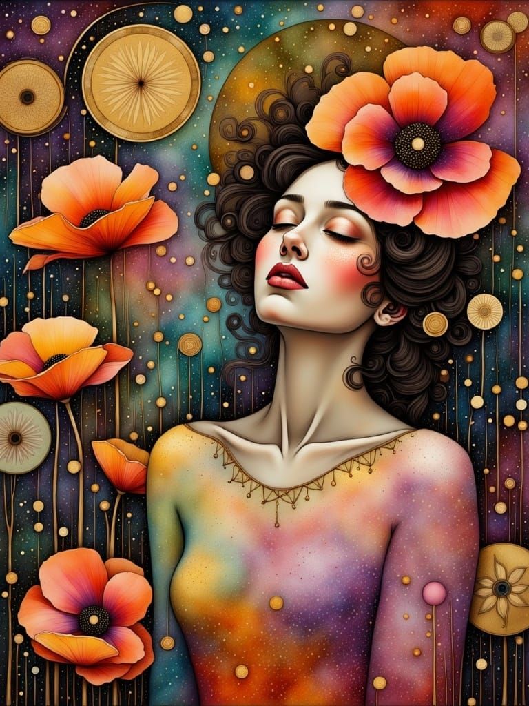 Ethereal Vienna Secession Portrait in Swirling Gold and Colo...