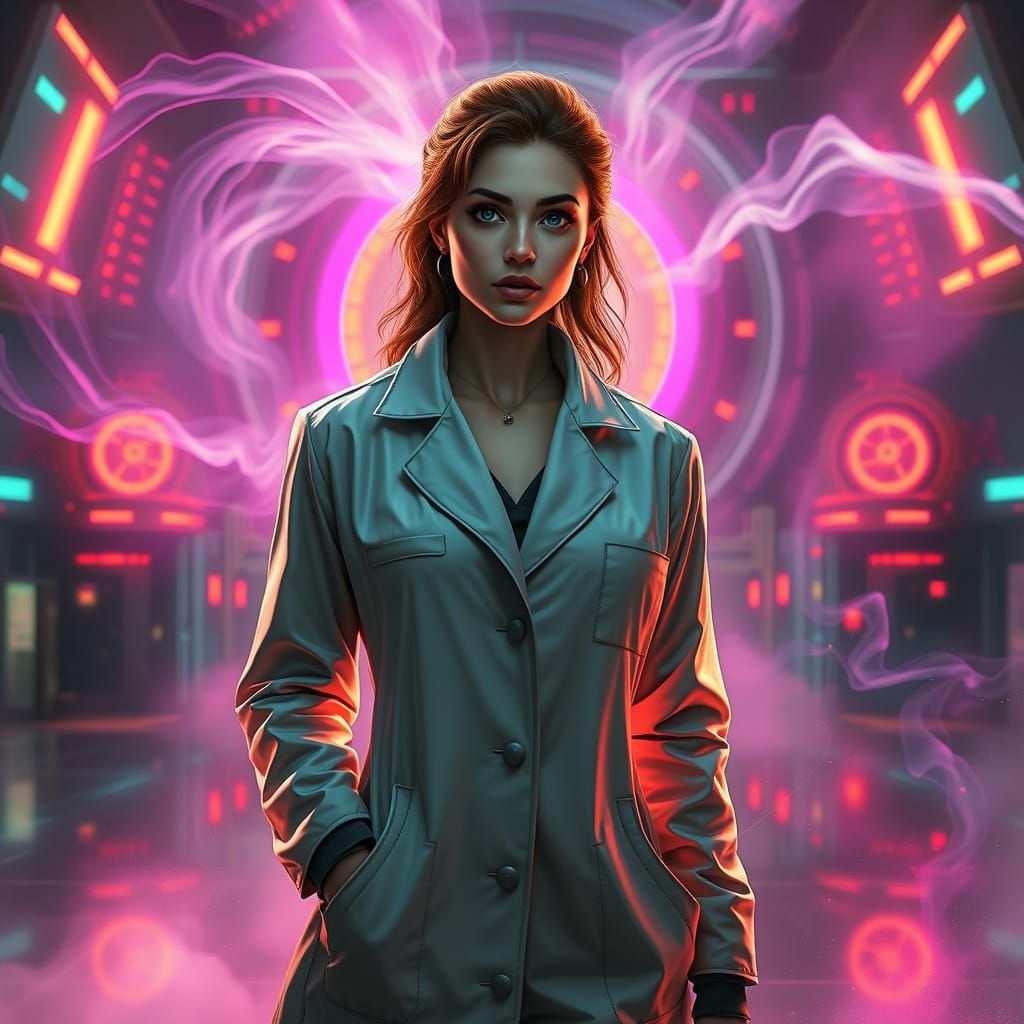 Futuristic Fusion Scientist in Neon Lab