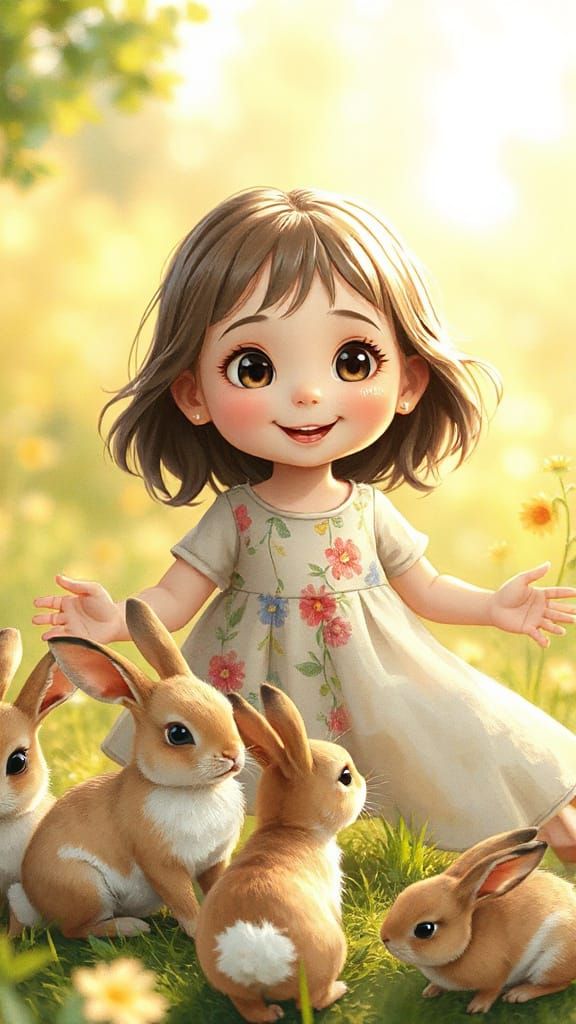 Cute Girl Plays With Fluffy Rabbits in Sunny Meadow