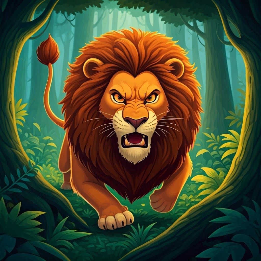 Vibrant Cartoon Lion Tears Through Whimsical Forest