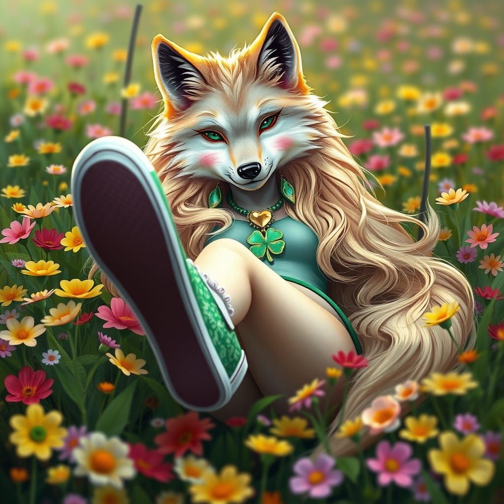 Dreamy Wolf Girl in Emerald Oasis