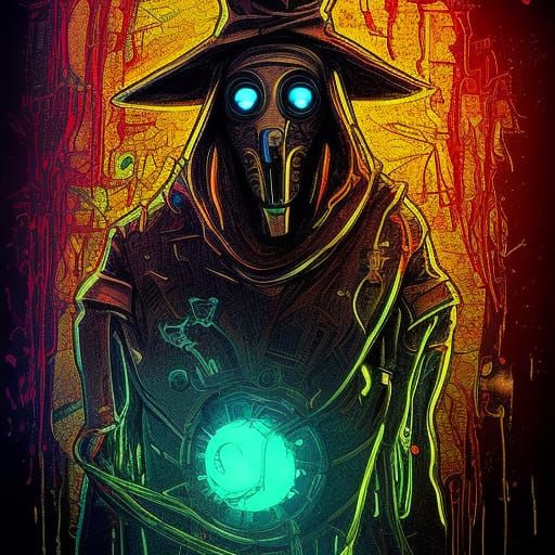 Cybernetic Plague Doctor in Dystopian Dark Academia