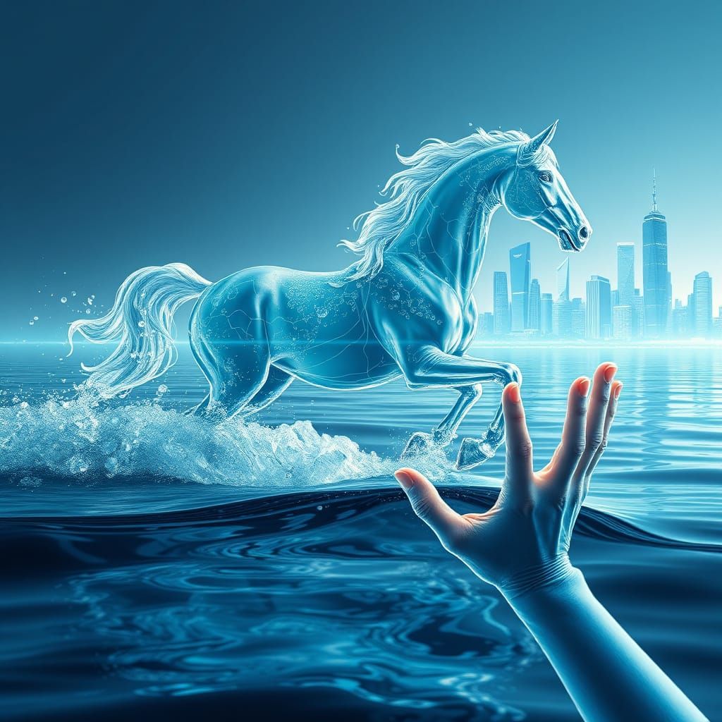 Ethereal Horse Formed from Water in Motion, with Glowing Cit...