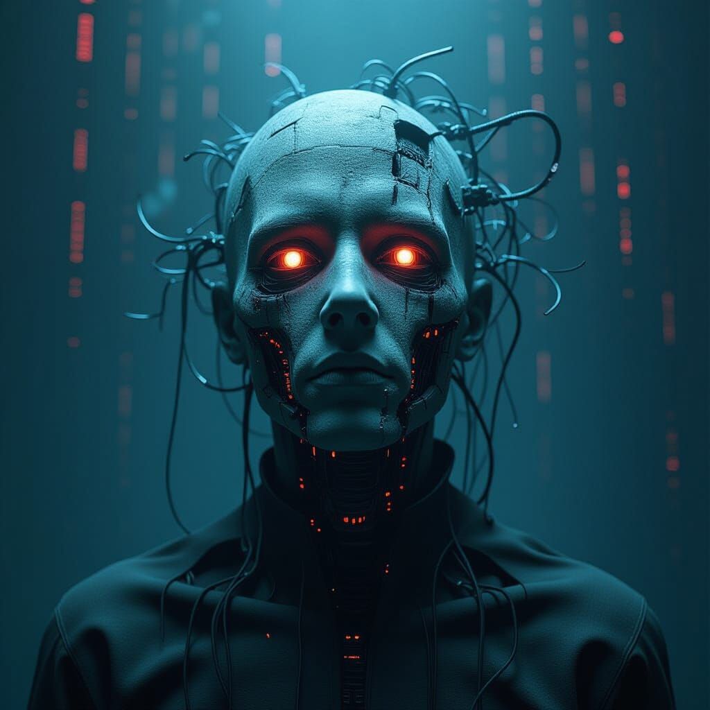 Corrupted Digital Entity in Biomechanical Horror Style