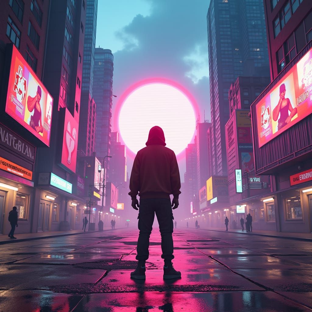 Dystopian Hip-Hop Artist in Cyberpunk Cityscape