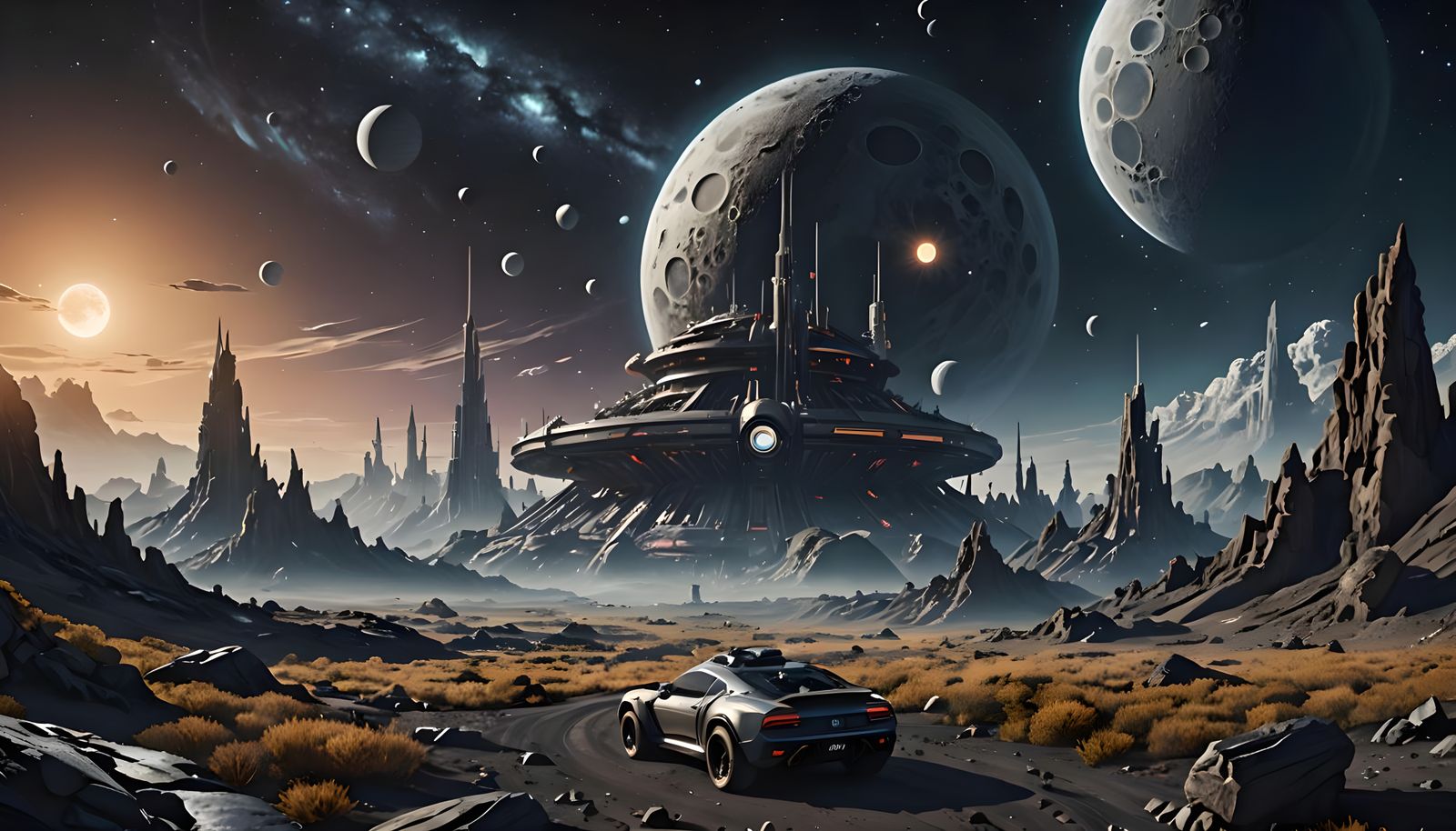 Punk Rock Band on Moon in Detailed Matte Painting