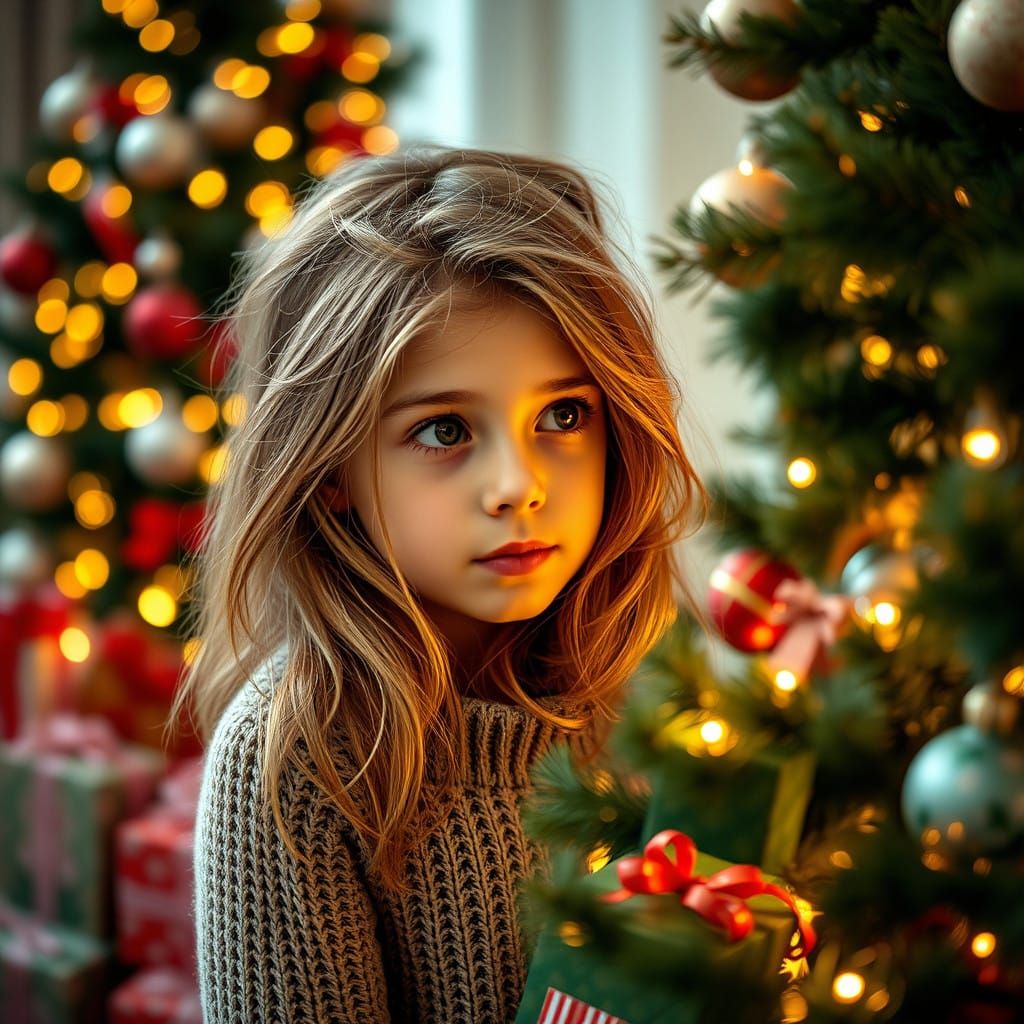 Sleek Teen Girl Wakes Up Beside a Vibrant Christmas Tree